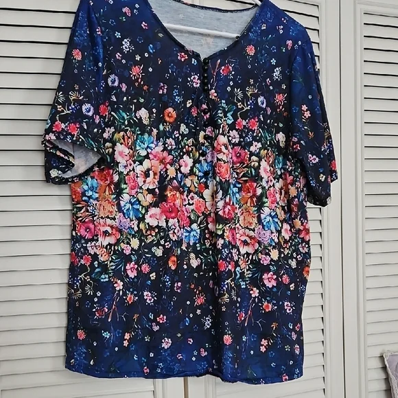 Floral Navy Women's Top - Large, Blue, Pink, Orange, Purple, Yellow - Picture 4 of 7